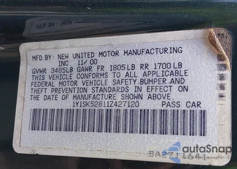 2001 Chevrolet Geo Prizm Lsi from USA, damaged, VIN 1Y1SK52811Z427120